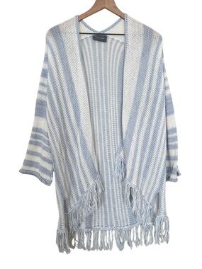 Wooden Ships Blue White Striped Oversized Open Front Fringe Cardigan
